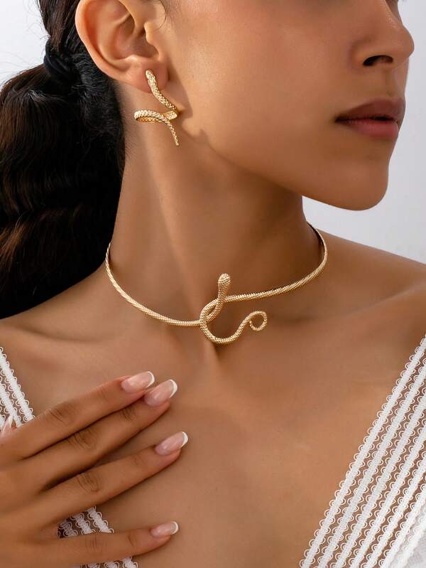 1 Set Fashion Metallic Snake Necklace And Matching Snake Texture Earrings Jewelry Set For Women