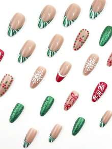 圣诞美甲，每套 24 件杏仁形圣诞花环、蝴蝶结和雪花图案绿色闪光按压式中长指甲适合时髦女孩、办公室女士、派对、约会、日常穿着和节日场合 - 彩色 - 查看 3