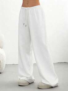 Women's Casual Solid Color Drawstring Waist Sports Pants - White - View 4