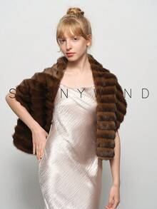 1pc Women's Wavy Pattern Solid Color Faux Fur Shawl, Fashionable For Evening Party And Daily Use - Brown - View 8