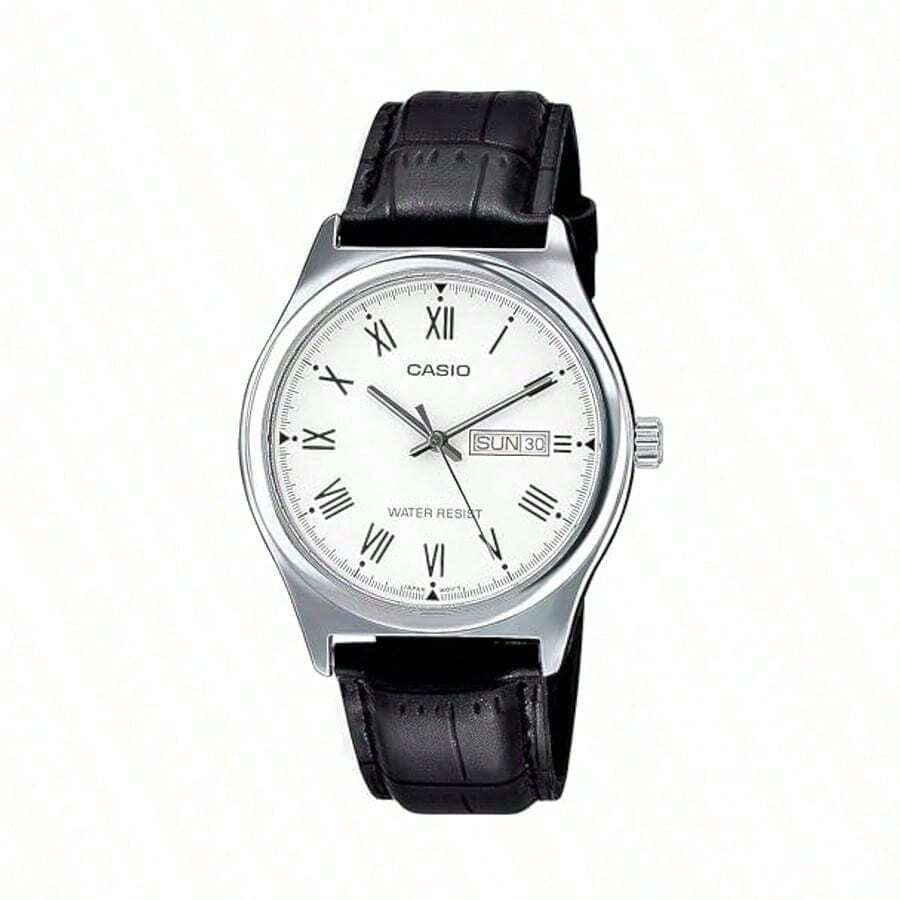 Casio 卡西欧男士石英表，皮革表带，白色罗马表盘，日期三针模拟手表，适合日常、休闲和其他场合 MTP-V006L-7B - 白色 - 查看 1
