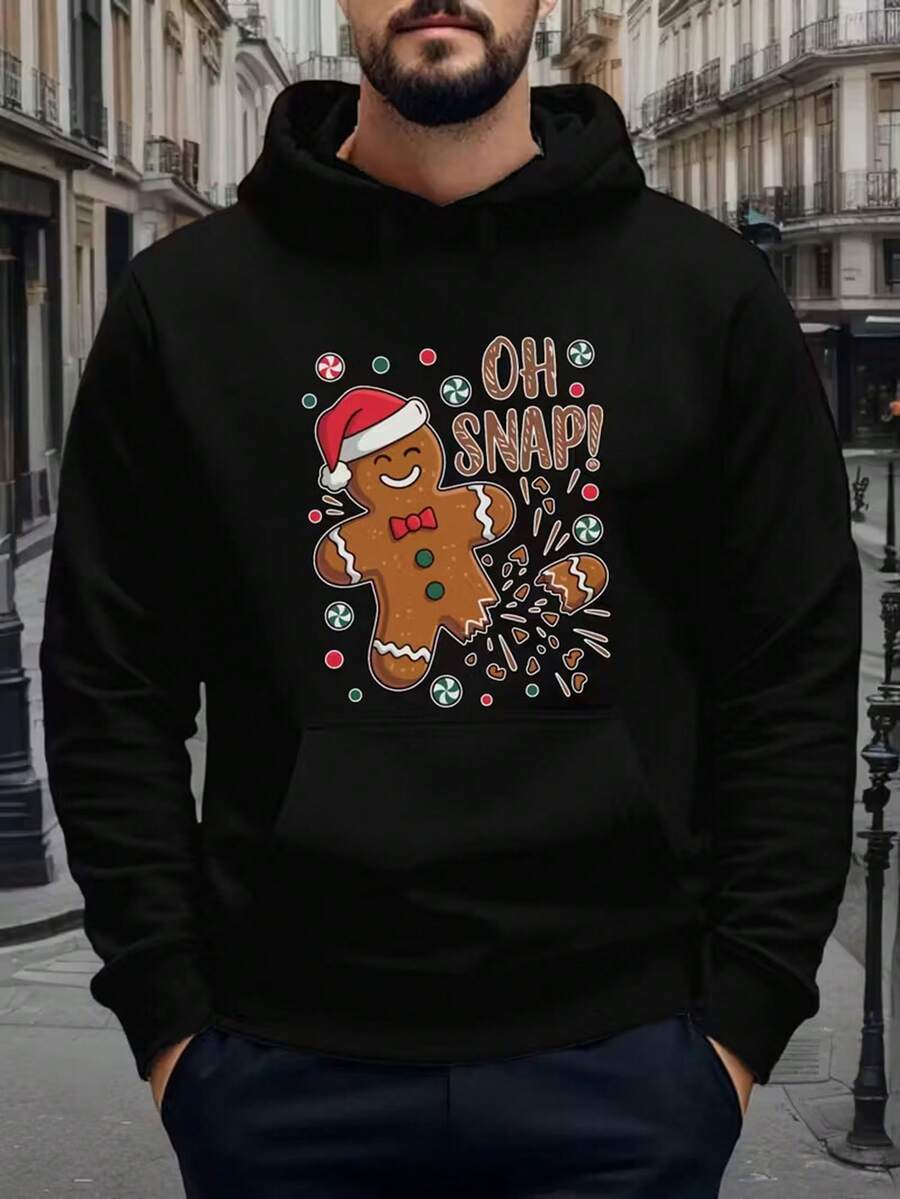 OH SNAP Christmas Gingerbread For Man Hoodie - Men'S & Youth Christmas Sweatshirt With Santa Hat, Long Sleeve Hooded Pullover For Holiday Parties, Winter Warmth - Funny "OH SNAP" Graphic - Ideal Christmas Gift For Teens & Adults, Seasonal Fashion, Playful Design, Comfortable Fabric, Unisex Apparel, Adult Casual Wear,Fall Hoodies,Men's Fall Clothes,Street Wear,Halloween,Mens Hoodies,Y2k Clothes,Jesus Hoodie,Thanksgiving Day,Nightmare Before Christmas,Christmas - Black - View 1