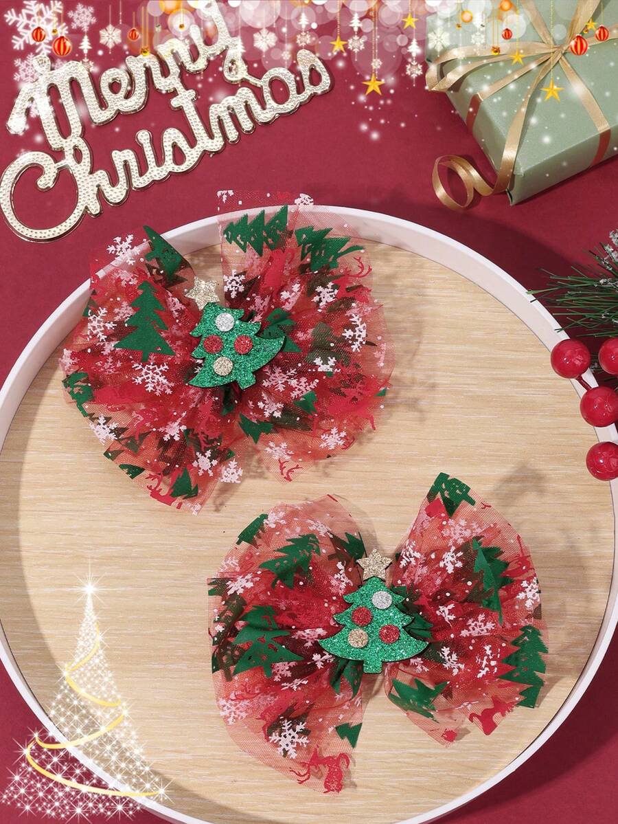 2pcs Christmas Happy Mesh Christmas Tree Bow Hair Clips, Printed Cute Hair Pins - Multicolor - View 1