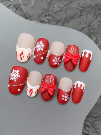 10 件/套手工亚克力按压指甲短椭圆形指甲、圣诞指甲、红色指甲、白色雪花指甲、红色 3D 蝴蝶结指甲、钻石图案指甲、白色水滴指甲；假指甲、按压短指甲、可拆卸假指甲、指甲用品美甲、适合派对、舞会、日常穿着、学生派对、按压和可重复使用、带果冻胶和指甲锉 DIY 指甲用品