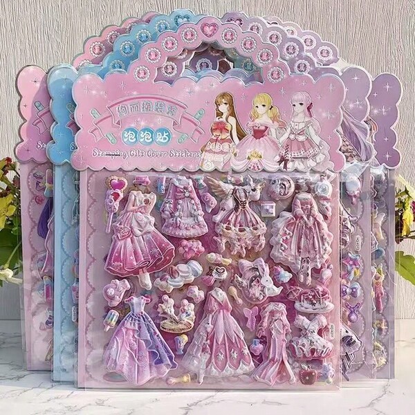 Pegatinas de disfraz para niños, pegatinas de escena 3D de doble capa de princesa de dibujos animados con manija para que las niñas se vistan