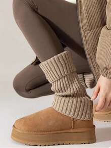 1 đôi tất giữ ấm chân dệt kim dành cho nữ, màu kaki, ấm áp và thoải mái cho mùa thu/đông. - Màu Khaki - Xem 4