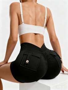 YEOREO Pink Shorts Workout Shorts With Pockets For Women V Back Scrunch High Waisted Shorts Charm Gym Yoga Biker Shorts - 黑色 - 查看 1