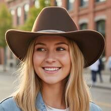 Rhinestone Western Cowgirl Hats Fashionable Wide Brim Party Fedora Caps For Women And Men - 咖啡棕 - 查看 2