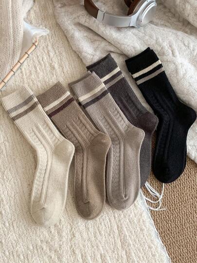 3 paia di calze spesse da donna, calze a righe retrò minimaliste versatili, stile college, autunno/inverno