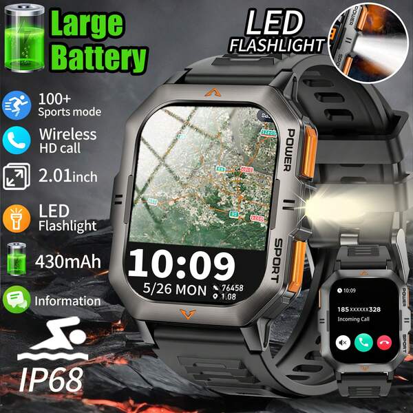 Gawsug Orologio sportivo da uomo per esterni, smartwatch per uomo con funzione di chiamata (risposta/effettuazione chiamate), schermo da 2,01 pollici/40 mm, modalità multi-sport, batteria da 430 mAh, registrazione attività fisica, chiamate senza fili, luce LED per esterni, lettura informazioni, registratore di movimento, sveglia, regalo di Natale e Ognissanti per il fidanzato, orologio regalo per le vacanze, compatibile con e Android