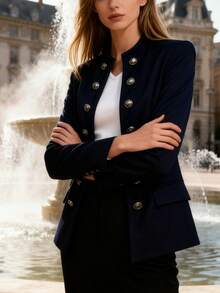 Metal Double-Breasted Stand Collar Suit! Premium Fit, Slimming And Suitable For All Body Types, Super Easy For Daily Matching,Elegant Double-Breasted Blazer For Women - Casual Work Jacket For Women. This Stylish Long-Sleeved Jacket In Black Polyester With Flap Pockets Is Perfect For The Office Or A Casual Chic Look. Work Jackets | Double-Breasted Jackets | Polyester Blazer - 藍色 - 查看 3