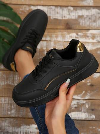 2025 Spring/Autumn New Round Toe Flat Black Lace-Up Casual Outdoor Sneakers, Skateboard Shoes, Size 36-43 Available