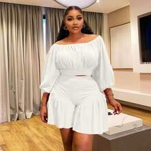 Plus Size Women's Ruffled One-Shoulder Puff Sleeve Top & Shorts 2-Piece Set - Sweetheart Neckline Waist-Defining Casual Outfit Date, Vacation & Party,Plus Size Fall Clothes Women,Plus Size Women Clothes,Seven Colors Are Available Selection.Please Check Size Chart Before Purchasing. - 乳白 - 查看 4