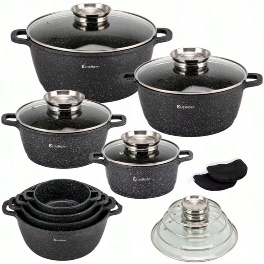 Set Of 4 Pots Induction, Cookware Set With Induction Cooking Pot Set Pan Non-Stick, Cast Aluminum, Mrmer Coating, Includes 4 Lids. - Black murmur - View 1