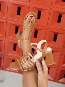 French Summer Women's Sandals, Thick Heel High Heels, New Bohemian Buckle Personalized Fairy Style Buckle Square Toe Open Toe Women Shoes, Beach Buckle - Brown - View 5