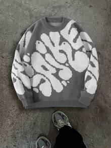 1 Stück Lässiger, vielseitiger asymmetrischer Jacquard-Strick Loose Fit Outdoor Sport Pullover für Teenager Jungen