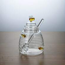 云贝1号优雅蜜蜂主题蜂蜜罐，带一体式勺子 - 高硼硅玻璃容器，密封盖 - 耐热耐冲击，适用于厨房、食品储藏室、餐桌 - 蜜蜂装饰 - 养蜂人和家庭厨师的理想礼物，蜜蜂主题厨房装饰，食品储藏室收纳，花卉图案，高档厨具，糖浆分配器，厨房爱好者