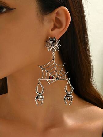 1 对时尚复古个性创意夸张黑暗万圣节蜘蛛网长耳环，适合女性日常佩戴