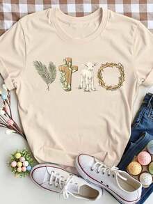 Women's Easter T-Shirt, Cartoon Lamb Print Round Neck T-Shirt, Suitable For Spring And Summer, Women's Clothing - 杏色 - 查看 2