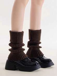 1 Pair Women Knitted Leg Warmers, White Calf Socks, Suitable For Autumn/Winter - Coffee Brown - View 2