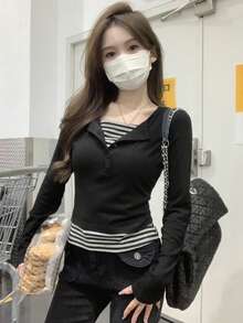 Áo thun nữ dáng ôm, phối màu, kẻ sọc, có khuy cài, kiểu dáng thường ngày, màu đen, thích hợp cho mùa thu sớm. - màu đen - Xem 3