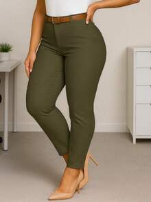 Pantalón de Vestir para Dama con Cinturón. Tela Strech. Ajuste Perfecto Push Up - Verde Oliva - Ver 1