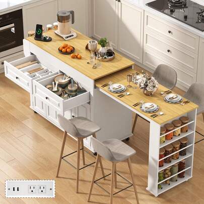 80"-48" Extendable Kitchen Island With Extended Dining Table And Power Outlet,Large Mobile Kitchen Storage Islands With 2 Storage Drawers,Rolling Islands Cart With 3 Extra Rows Open Shelves