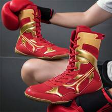 男士专业摔跤鞋，高帮竞赛训练鞋，摔跤鞋和健身靴，彩色拼接运动鞋，合成皮革和网眼材质，室内健身防滑拳击训练鞋，适合所有季节，尺码：39-48 - 紅色 - 查看 12