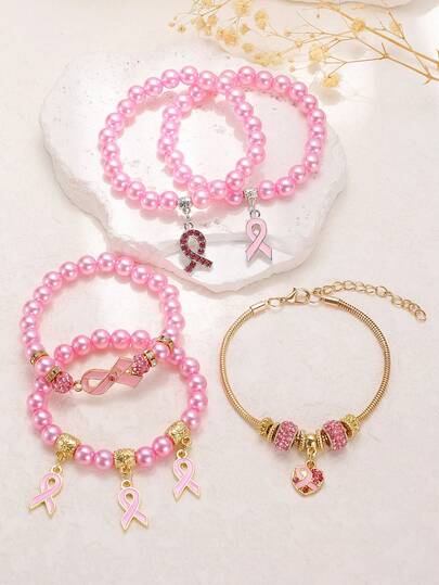 3/2/1pc Fashionable Pink Beaded Ribbon Heart Pendant Bracelet Set, Suitable For Women