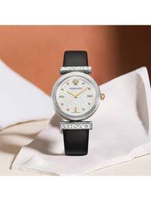 Versace Reloj de pulsera de cuarzo con correa de cuero elegante para mujer con caja de acero inoxidable para regalo de dama con esfera dorada - Negro - Ver 3