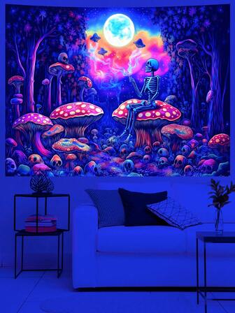 ​​ Blue Skeleton On Glowing Mushrooms UV Reactive Tapestry Moonlit Forest With UFOs Bohemian Wall Art For Gothic Bedroom Music Festival Decor​