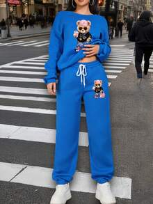 Women's Round Neck Bear Print Sweatshirt And Matching Drawstring Waist Pants Two Pieces Casual Outfit - Blue - View 3