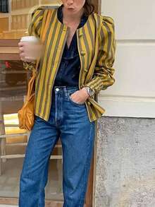 1 件纯色纹理条纹编织面料前扣女式常规夹克，适合春秋季、度假和日常穿着 - 彩色 - 查看 6