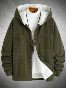 男士灯芯绒连帽夹克，双口袋设计，全拉链，撞色纽扣，单面保暖内衬，适合日常通勤、休闲穿着以及秋冬季户外散步。