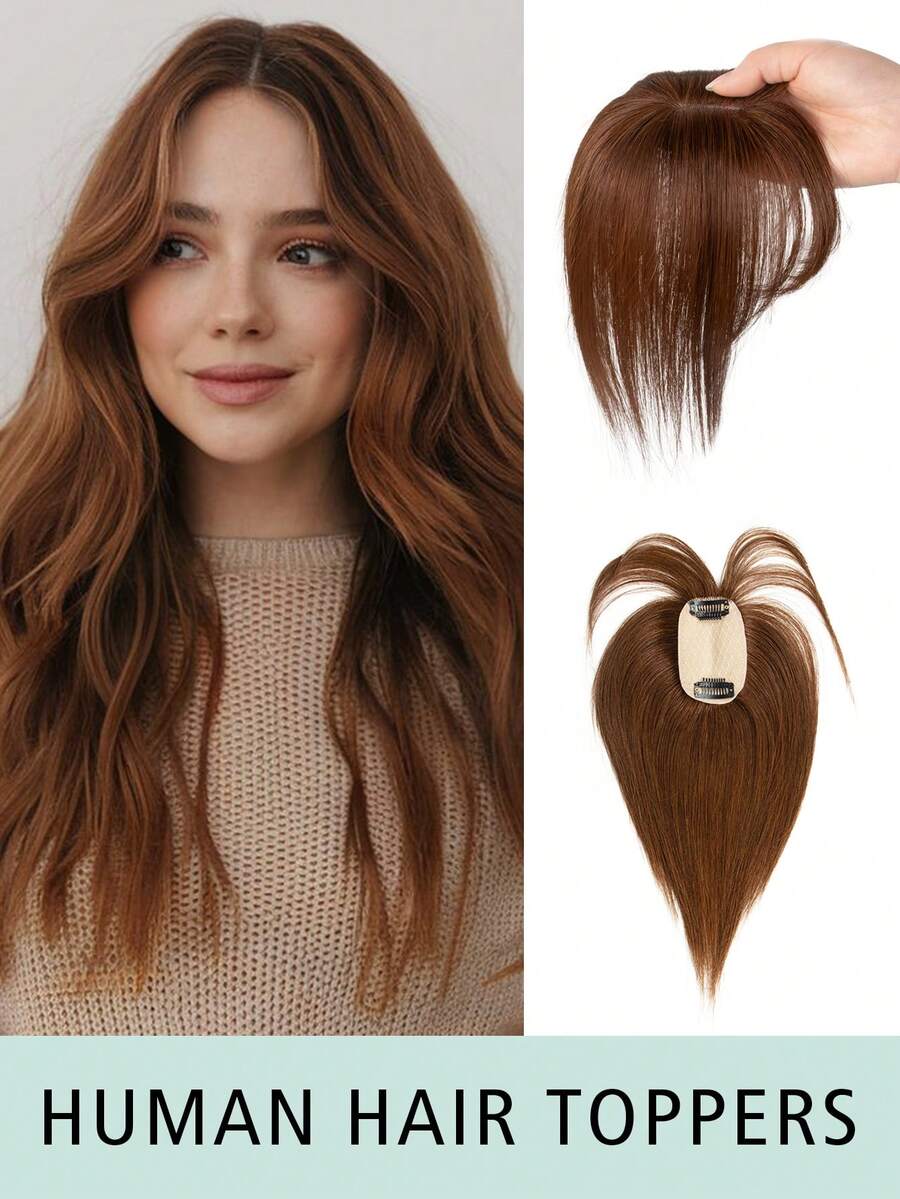 Topper tóc thật có mái màu nâu sẫm, nâng cấp mới dành cho nữ, che tóc bạc và tăng độ phồng, Topper tóc liền mạch nhẹ, kẹp đế lụa