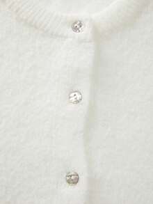 FOR BEAUTY 女士圆领扭结纽扣长袖针织开衫，休闲宽松舒适白色毛衣外套，新年上衣 - 白色 - 查看 9