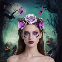 Purple Rose Flower Butterfly Headband Crown Headpiece Day Of The Dead Halloween Wedding Party Hair Hoop For Women Fairy Accessories Supplies