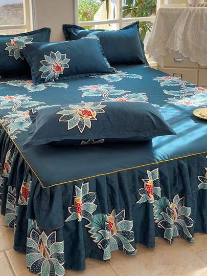 3pcs Bedskirt Set (1 Bedskirt + 2 Pillowcases), Floral Pattern, Soft & Skin-Friendly, Suitable For Bedroom, All Season