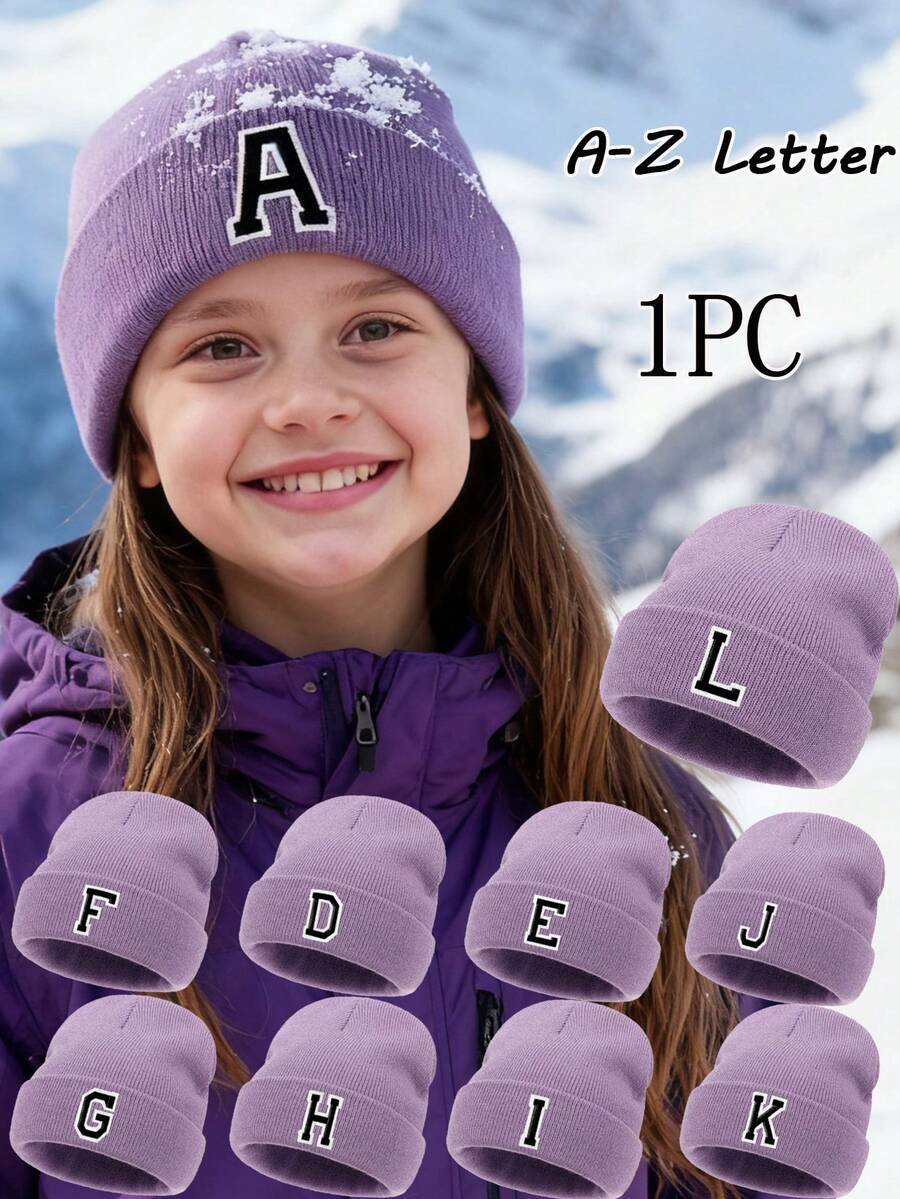 1 Stück Kinder Gestrickte Mütze mit 26 Buchstaben Muster, einfarbige gestrickte Kappen, Kindermützen für Mädchen, warme Beanies für Outdoor, Herbst/Winter
