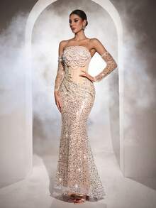 Đầm dạ hội sang trọng Astony, được trang trí bằng sequin, tua rua và ngọc trai, với thắt lưng xương cá, cổ tay áo đính sequin và chân váy đuôi cá quyến rũ. Thích hợp cho lễ hội hóa trang, đám cưới, lễ đính hôn, tiệc sang trọng, lễ hội âm nhạc và tiệc sinh nhật. - trắng - Xem 11