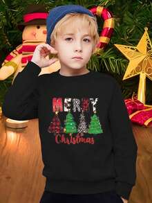 KID004Kids Christmas Sweatshirt Casual Crew Neck Knit Fabric with Slight Stretch, Regular Fit Polyester Pullover for Ages 12 and Under, Festive Holiday Alphabet Pattern – FallWinter Season Style - Negro - Ver 1