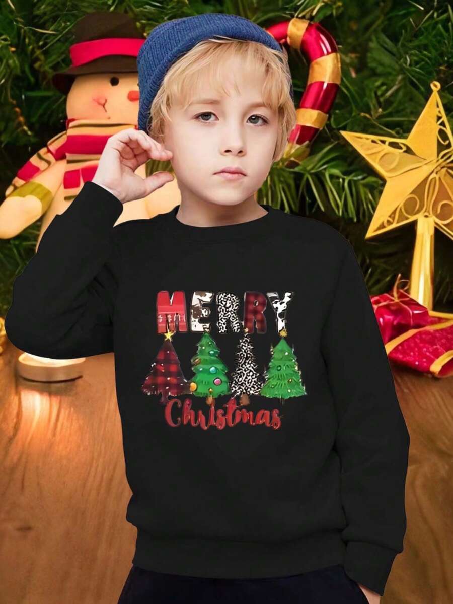 KID004Kids Christmas Sweatshirt Casual Crew Neck Knit Fabric with Slight Stretch, Regular Fit Polyester Pullover for Ages 12 and Under, Festive Holiday Alphabet Pattern – FallWinter Season Style - Negro - Ver 1