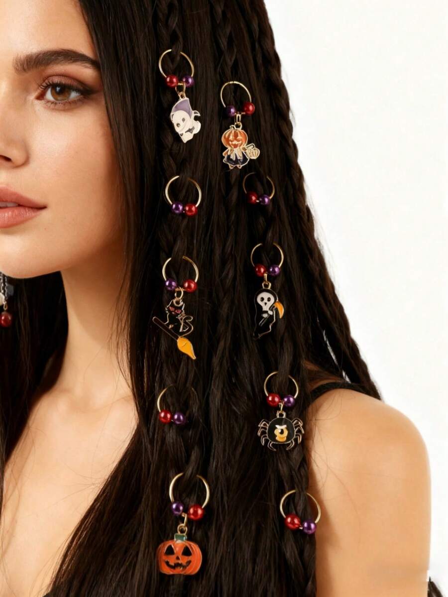 Set de 10 piezas de accesorios para el cabello trenzados de Halloween: Scrunchies de moda para el peinado navideño