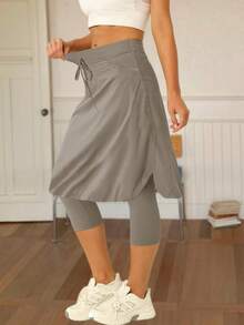 Women Knee Length Skirt, Skirted Leggings With Pockets Built In Shorts, Golf Tennis Skorts, Outdoor Workout Activewear - 灰色 - 查看 3