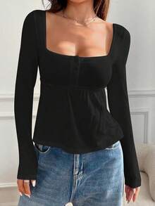 Women Long Sleeve Babydoll Tops Y2k U Neck Button Down Ruffle Shirt Fairycore Slim Solid Color Corset Blouse Tee Basic Fall Winter Pullover Shirt For Daily - Black - View 1