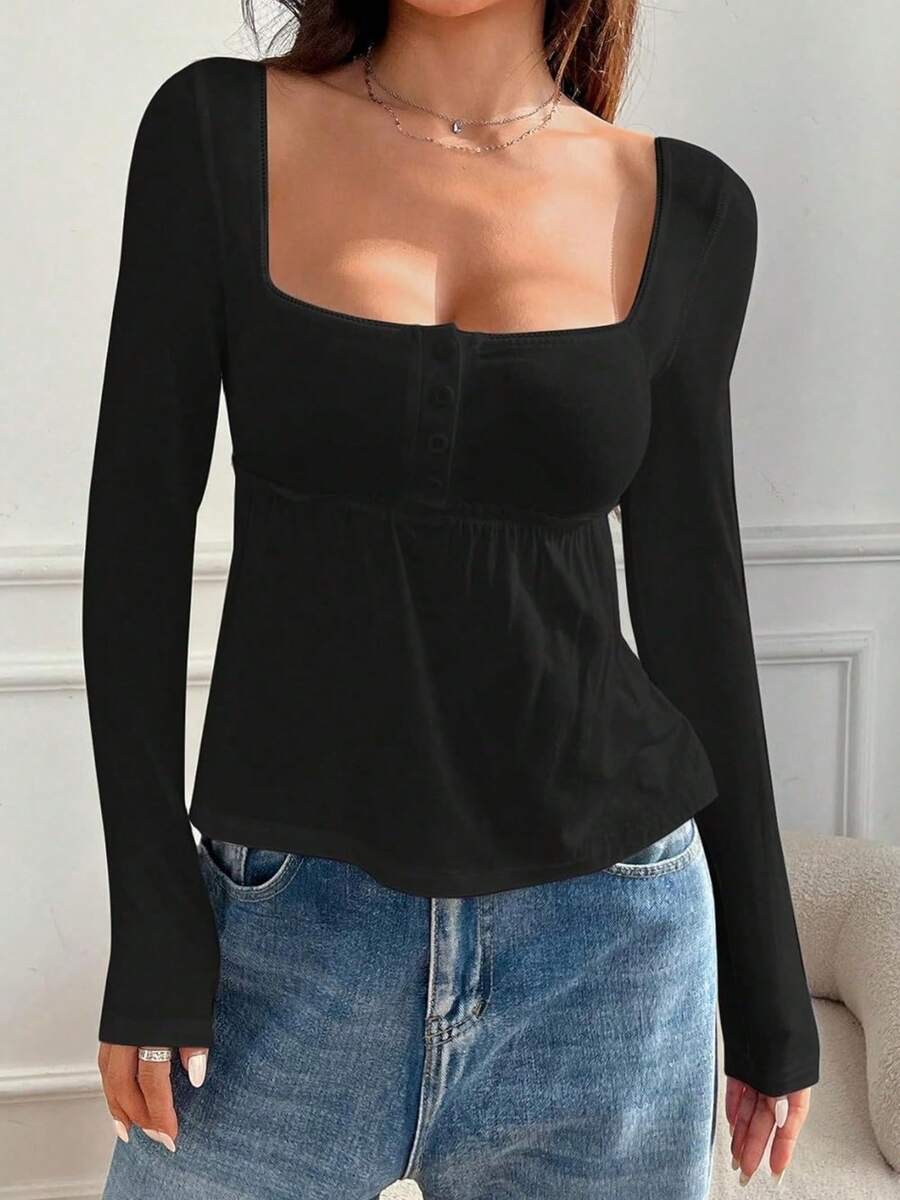 Women Long Sleeve Babydoll Tops Y2k U Neck Button Down Ruffle Shirt Fairycore Slim Solid Color Corset Blouse Tee Basic Fall Winter Pullover Shirt For Daily - Black - View 1