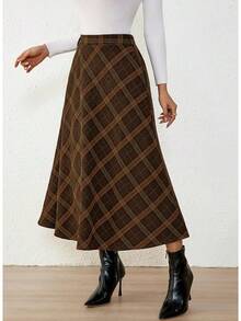 High Waisted A Line Midi Skirts Women With Pockets, Plaid, Elegant, Work Dress, Long, Wool Tartan, Flowy, Fall & Winter Skirts, Going Out Outfits Women, Coffee Color - 棕色 - 查看 6