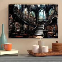 Poster-1pc Vintage Fantasy Library Canvas Wall Art, Enchanting Book & Reading Themed Framed Poster, Wood Wrapped Canvas Frame, Home Office, Living Room, Library Decor, Anniversaries & Beach - Nhiều màu - Xem 1