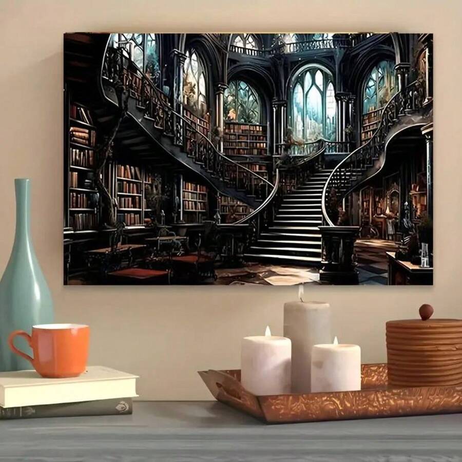 Poster-1pc Vintage Fantasy Library Canvas Wall Art, Enchanting Book & Reading Themed Framed Poster, Wood Wrapped Canvas Frame, Home Office, Living Room, Library Decor, Anniversaries & Beach - Nhiều màu - Xem 1