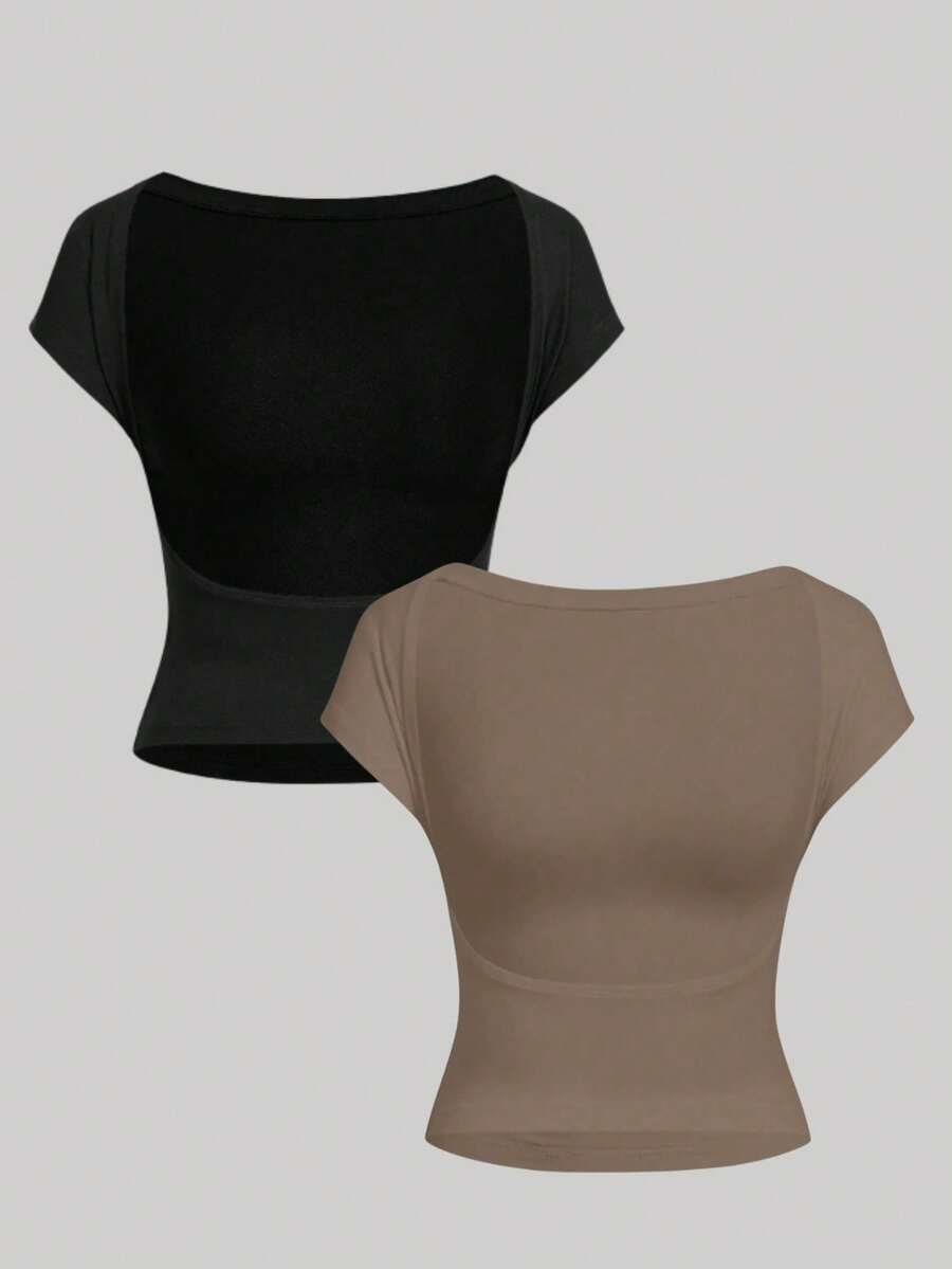 Kit 3 / Kit 2 Backless Blouses With Open Back And Lined Bust - 棕色和黑色 - 查看 1